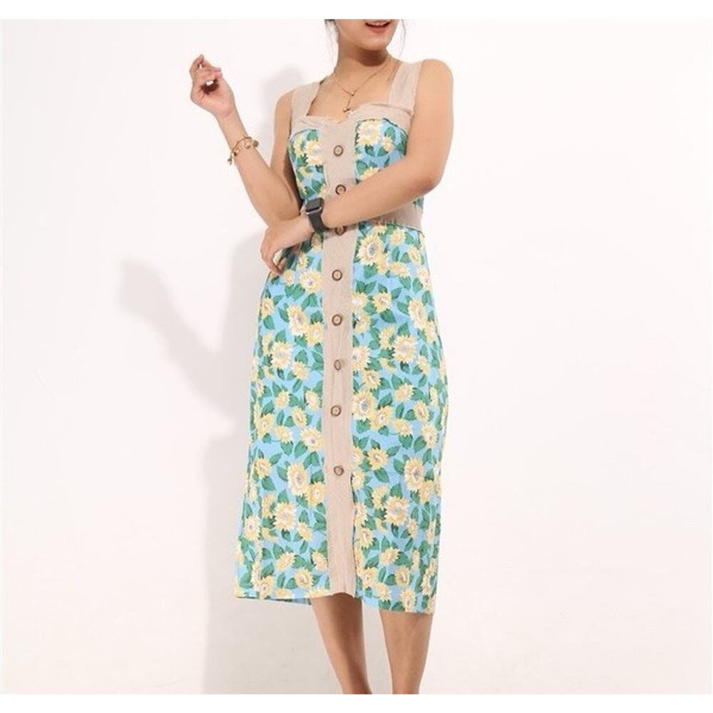 Dolly Warden Womens Sunflower Floral Midi Sheath Dress Size Small